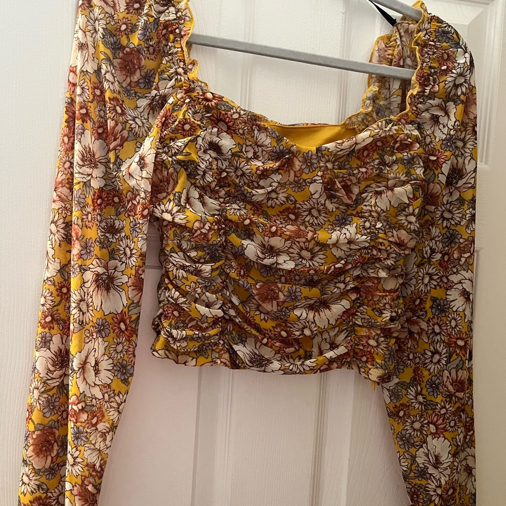 Forever 21 Floral Ruched Blouse - Yellow and Brown
